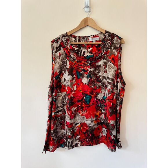Kasper Tops - Kasper Plus Printed Satin Sleeveless Top Women's Scoop Neck Colorful Blouse 3X
